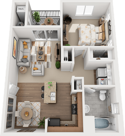 1 Bed 1 Bath Floor Plan at Falls at Riverwoods Apartments & Townhomes, Logan, Utah